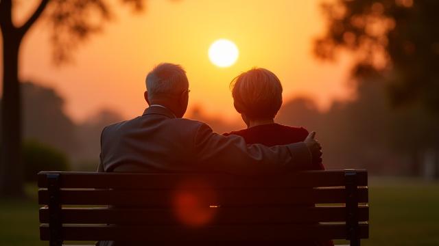 A calm couple sitting on a park bench watching a sunset, symbolizing secure retirement planning.