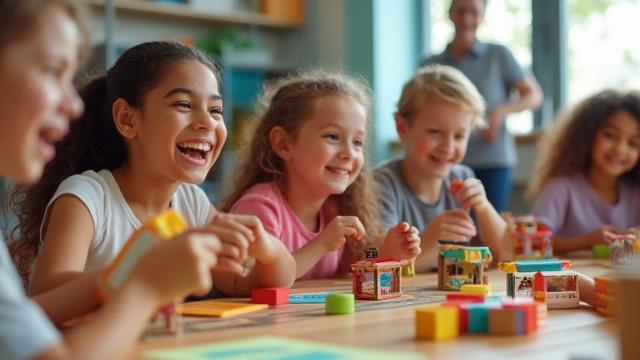 A diverse group of cheerful children learning about money in a classroom setting, using educational toys.